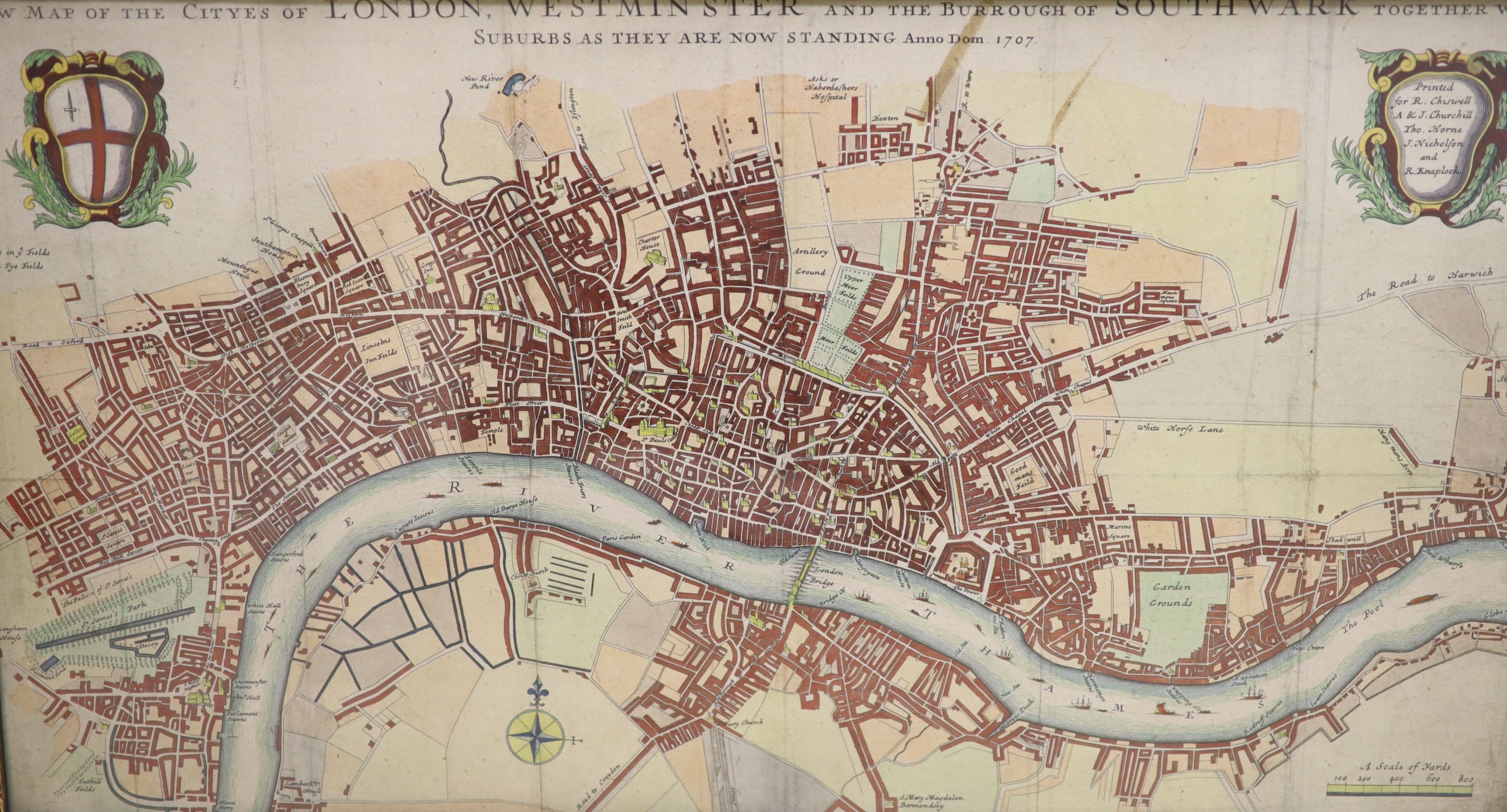 Two coloured engraved maps and views - ‘’New map of the Cityes of London, Westminster and the Burrough of Southwark’’, 1707; ‘’View of London from Lambeth’’, 31 x 57cm.